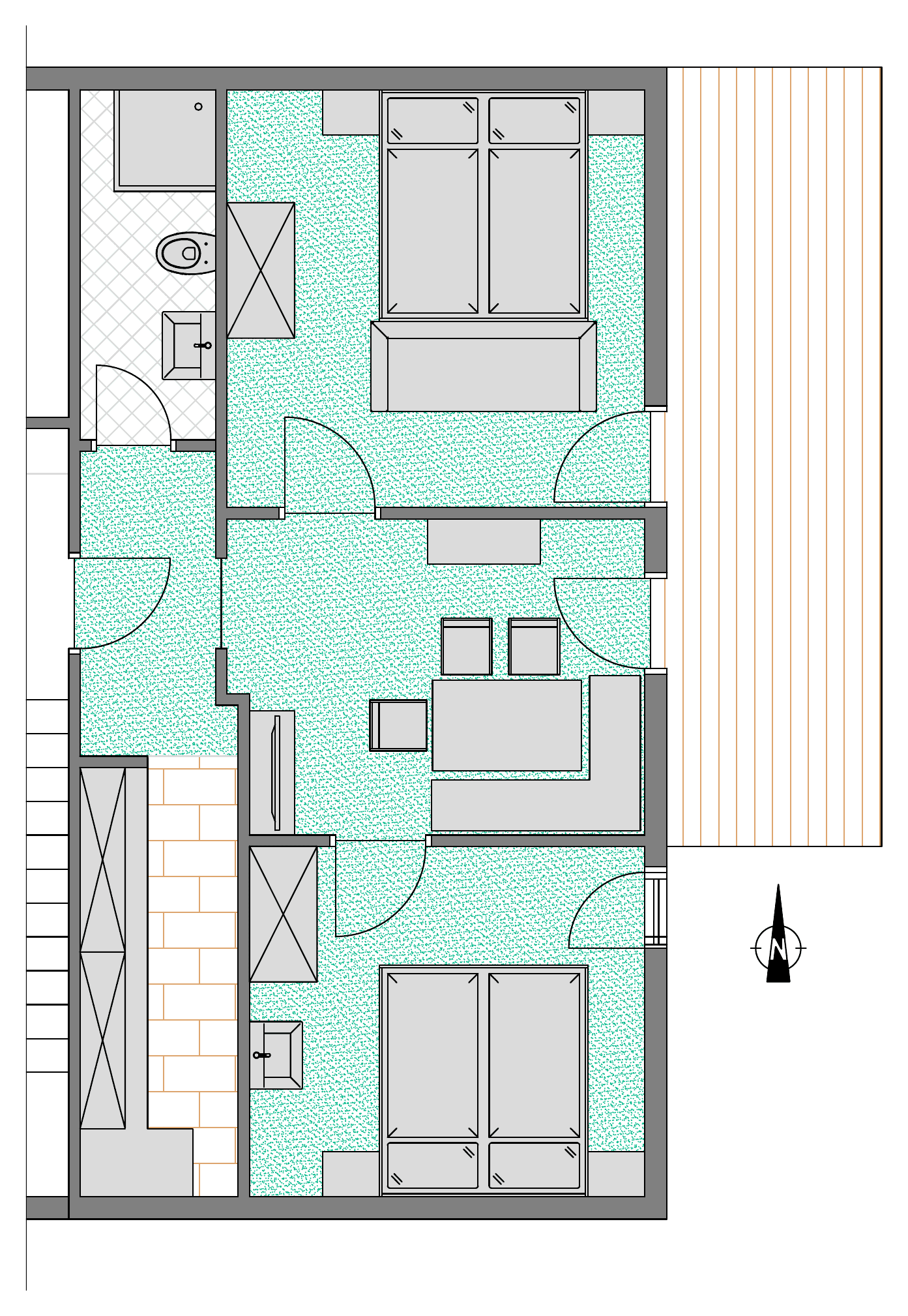 Grundriss des Bergblicks: zwei Doppelzimmer, Wohn- und Essbereich mit Küche und Balkon im zweiten Stock