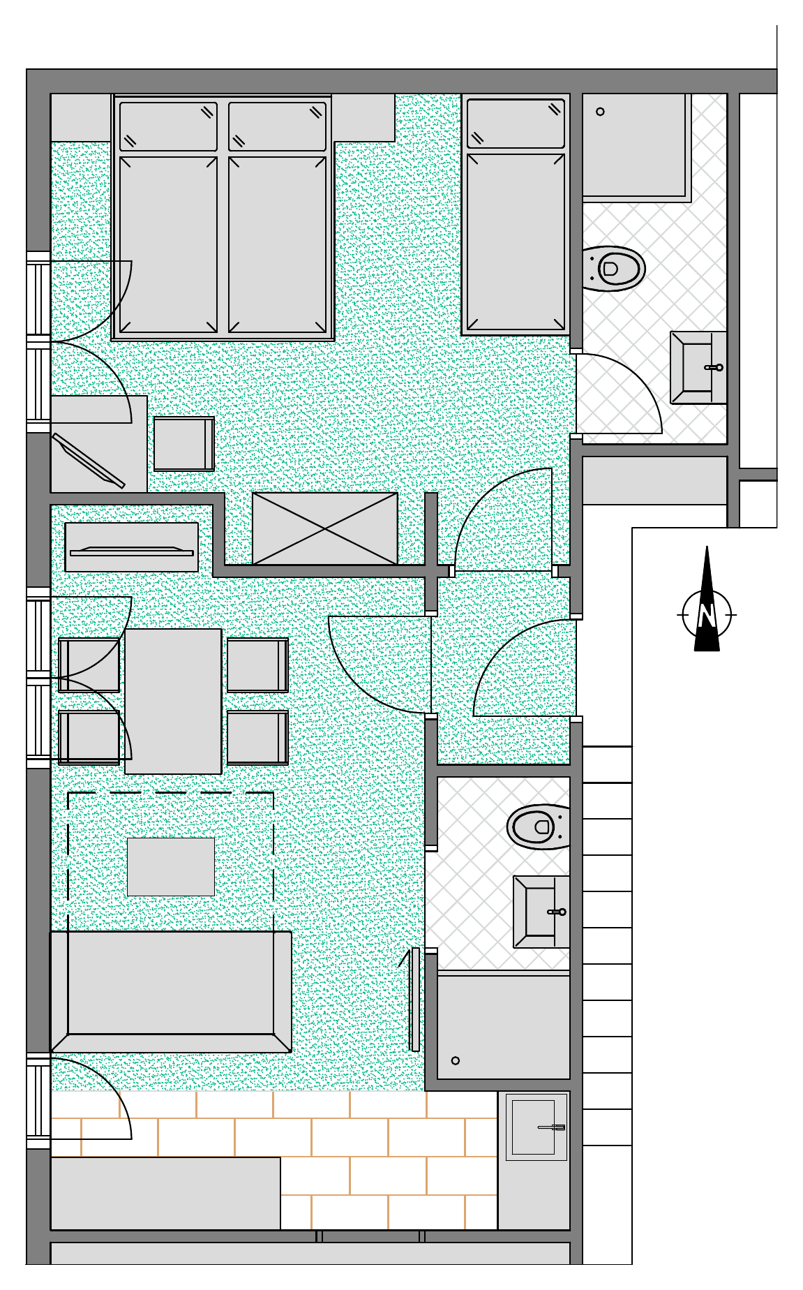 Grundriss des Bergnests: Doppelzimmer, Wohnbereich mit Küchenzeile und zwei Badezimmer im zweiten Stock